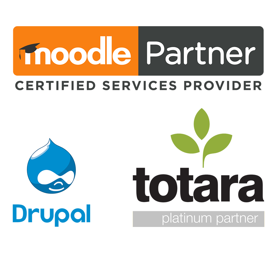 Moodle Partner Logo, Totara Partner Logo, Drupal Logo