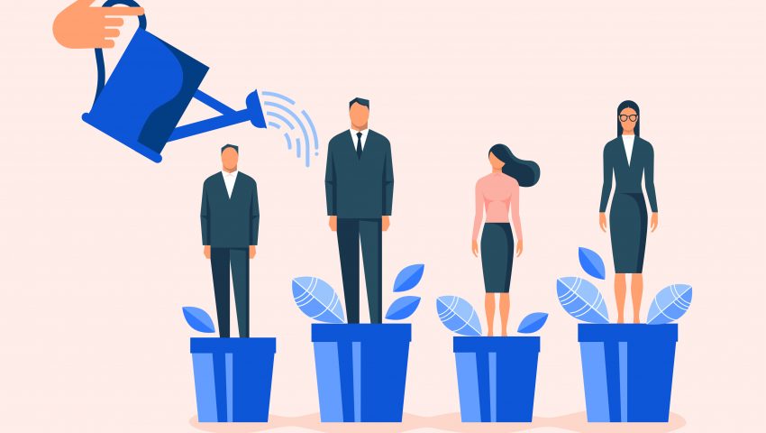 alt="watering employees in flowerpots illustration for career development and professional growth"