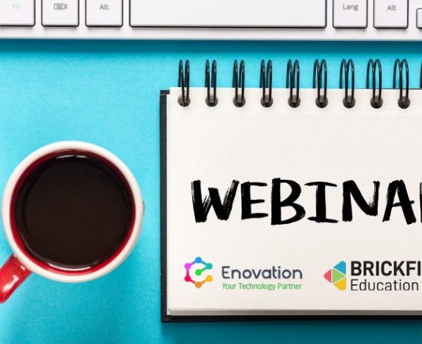 Webinar is written on a notepad with Enovation and Brickfield Education Labs logos underneath.